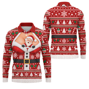 Santa Peeking Busty Knit Christmas Golf Shirt, Funny Mens Golf Shirts, Mens Golf Polo