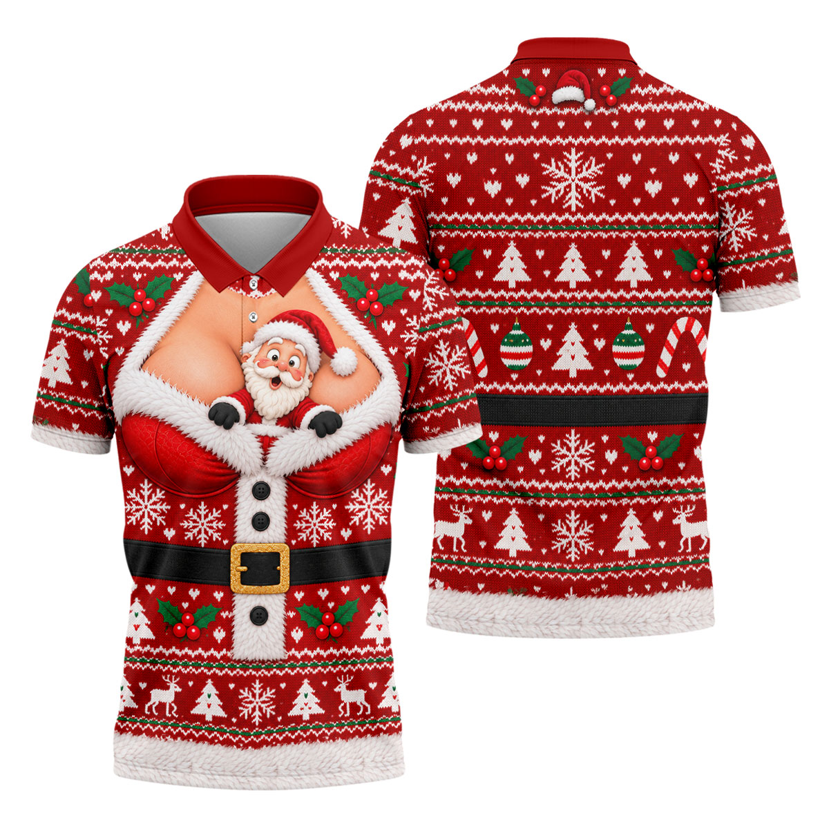 Santa Peeking Busty Knit Christmas Golf Shirt, Funny Mens Golf Shirts, Mens Golf Polo