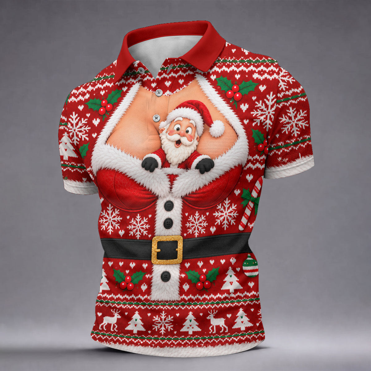Santa Peeking Busty Knit Christmas Golf Shirt, Funny Mens Golf Shirts, Mens Golf Polo