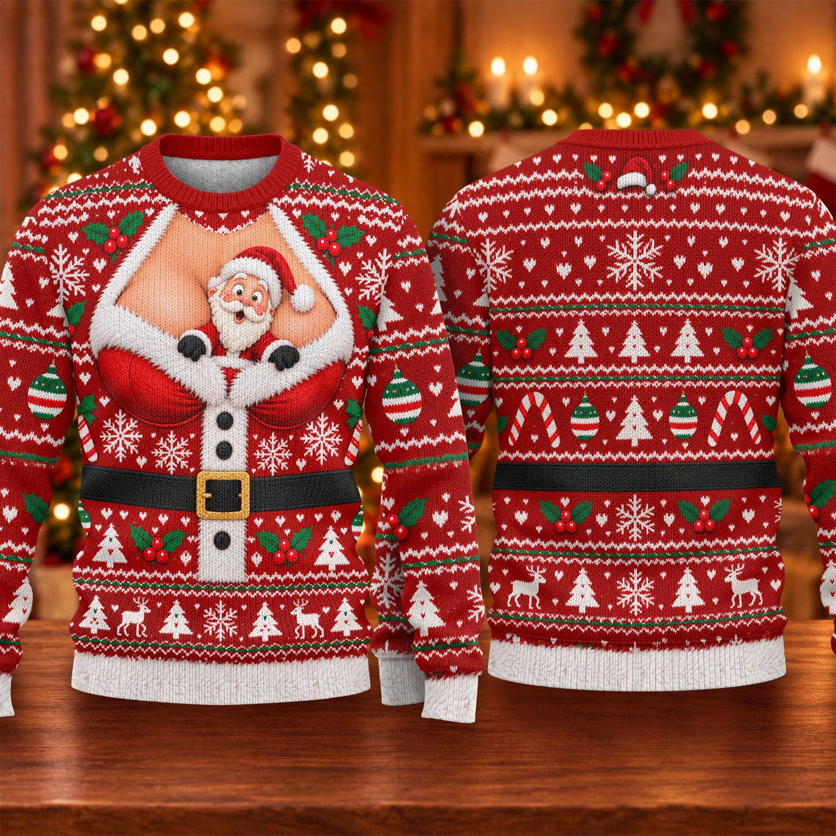 Santa Peeking Busty Knit Ugly Christmas Sweater, Christmas Gifts, Ugly Sweater Party