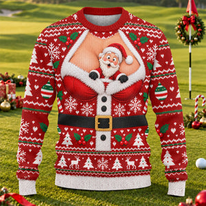 Santa Peeking Busty Knit Ugly Christmas Sweater, Christmas Gifts, Ugly Sweater Party