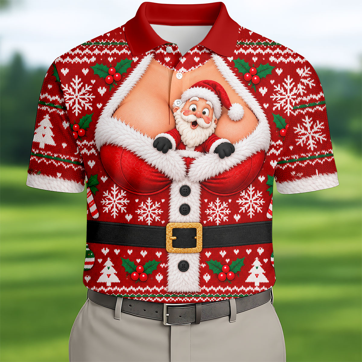 Santa Peeking Busty Knit Christmas Golf Shirt, Funny Mens Golf Shirts, Mens Golf Polo