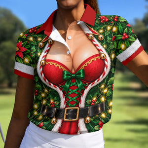 Holly Corset Busty Dress Christmas Golf Shirt, Ladies Golf Shirts, Womens Golf Shirts