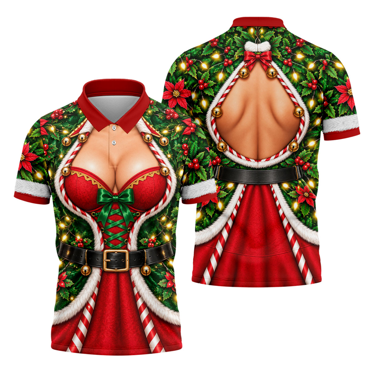 Holly Corset Busty Dress Christmas Golf Shirt, Golf Gifts For Men, Mens Golf Clothing