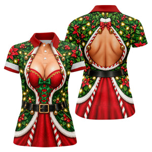 Holly Corset Busty Dress Christmas Golf Shirt, Ladies Golf Shirts, Womens Golf Shirts