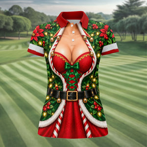 Holly Corset Busty Dress Christmas Golf Shirt, Ladies Golf Shirts, Womens Golf Shirts