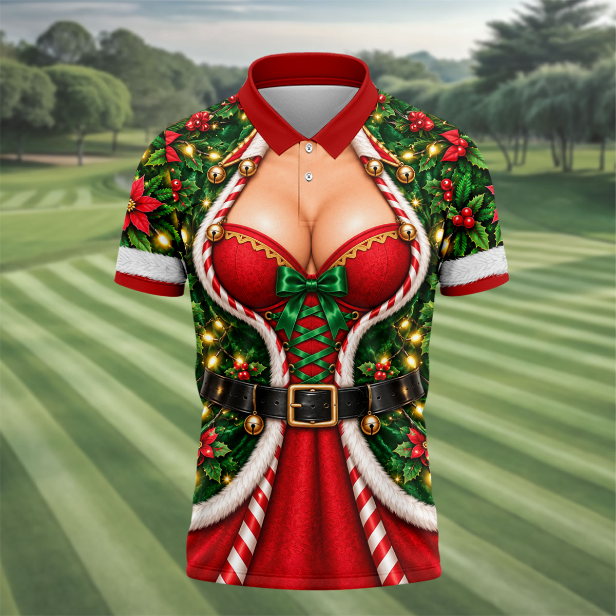 Holly Corset Busty Dress Christmas Golf Shirt, Golf Gifts For Men, Mens Golf Clothing