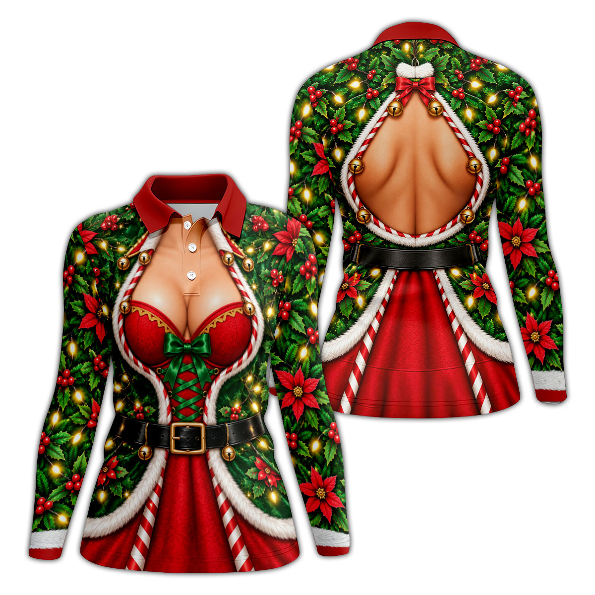 Holly Corset Busty Dress Christmas Golf Shirt, Ladies Golf Shirts, Womens Golf Shirts