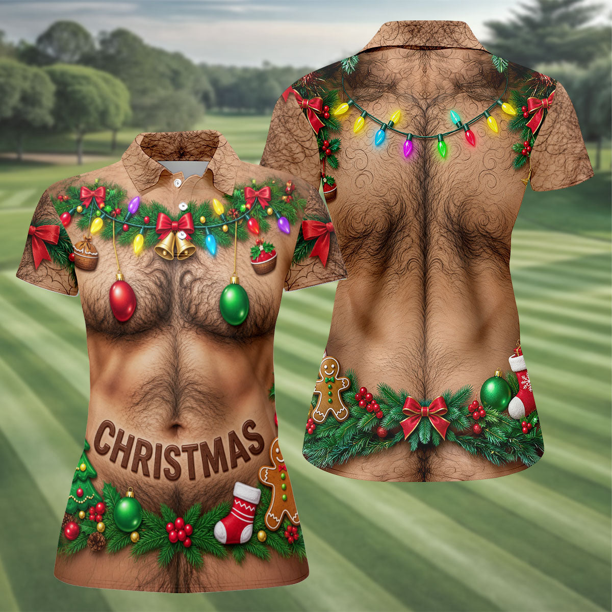 Hairy Chest Ornaments Christmas Golf Shirt, Ladies Golf Apparel, Womens Golf Clothing