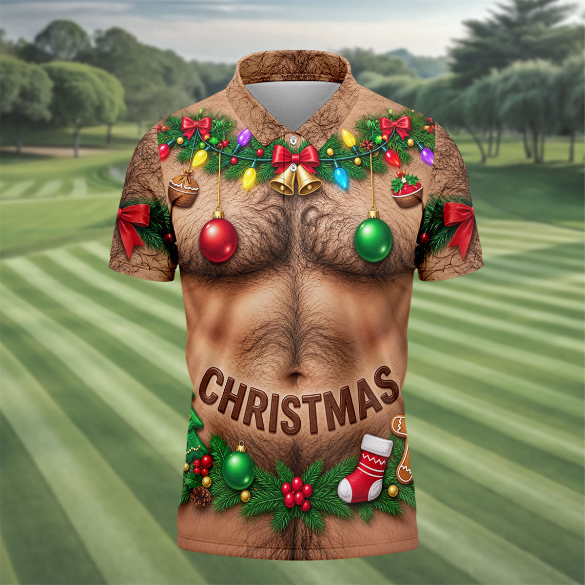 Hairy Chest Ornaments Christmas Golf Shirt, Golf Shirts For Men, Golf Gifts For Men