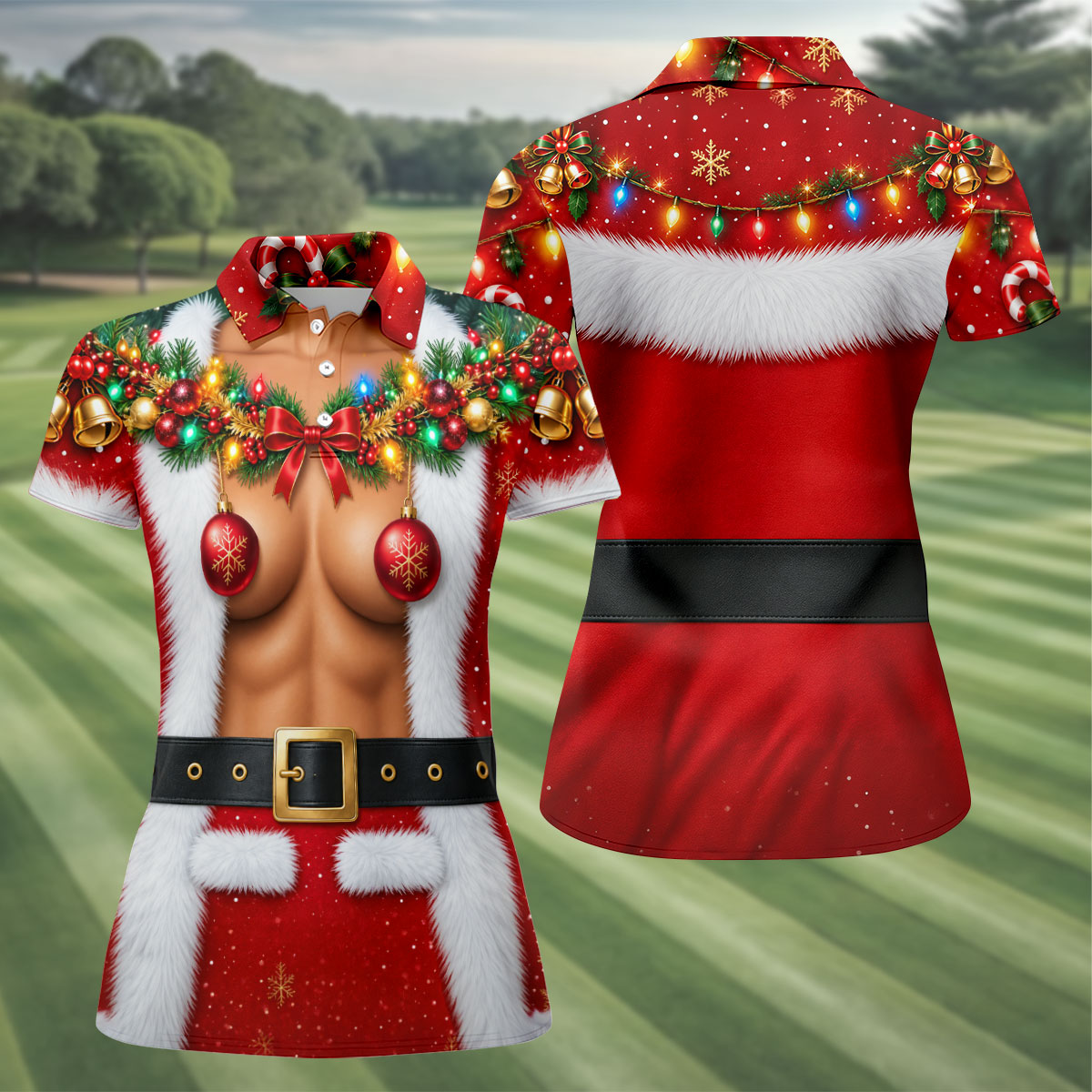 Ornament Pasties Santa Christmas Golf Shirt, Womens Golf Apparel, Ladies Golf Apparel