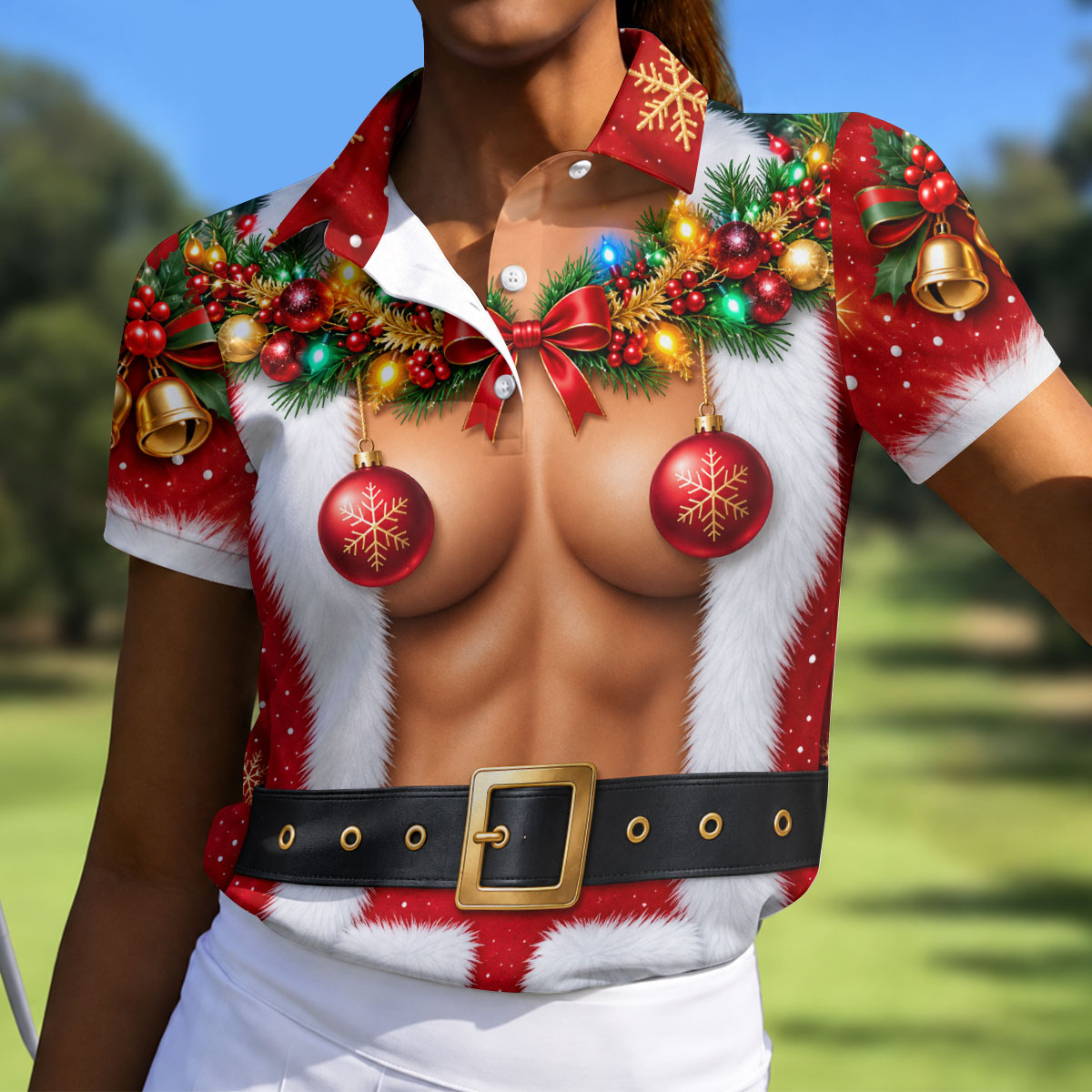 Ornament Pasties Santa Christmas Golf Shirt, Womens Golf Apparel, Ladies Golf Apparel