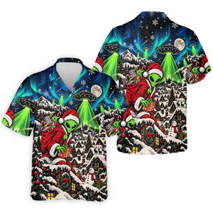 Alien Santa UFO Aurora Christmas Golf Shirt, Mens Golf Polo, Mens Holiday Golf Shirts