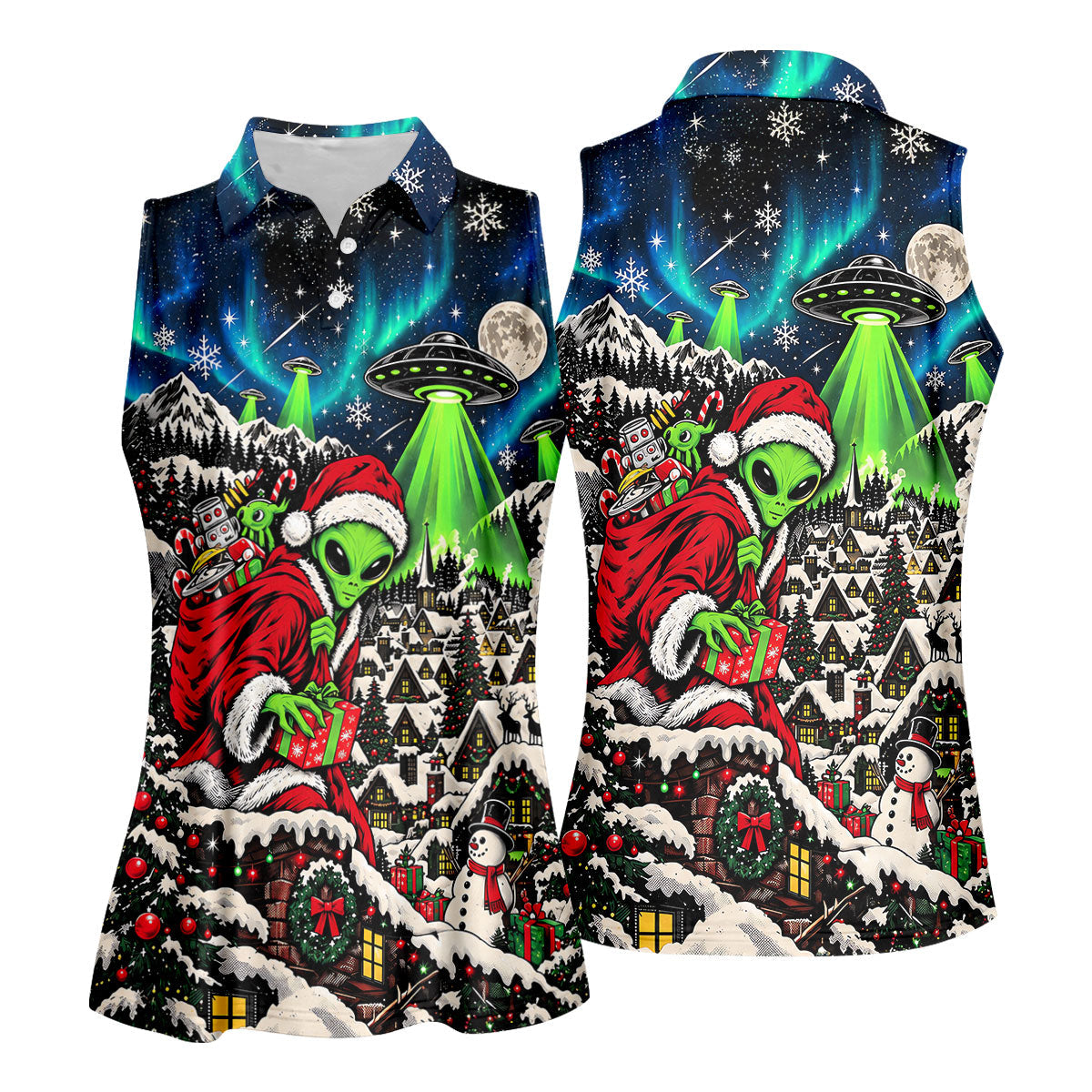 Alien Santa UFO Aurora Christmas Golf Shirt, Womens Golf Shirts, Womens Golf Clothing