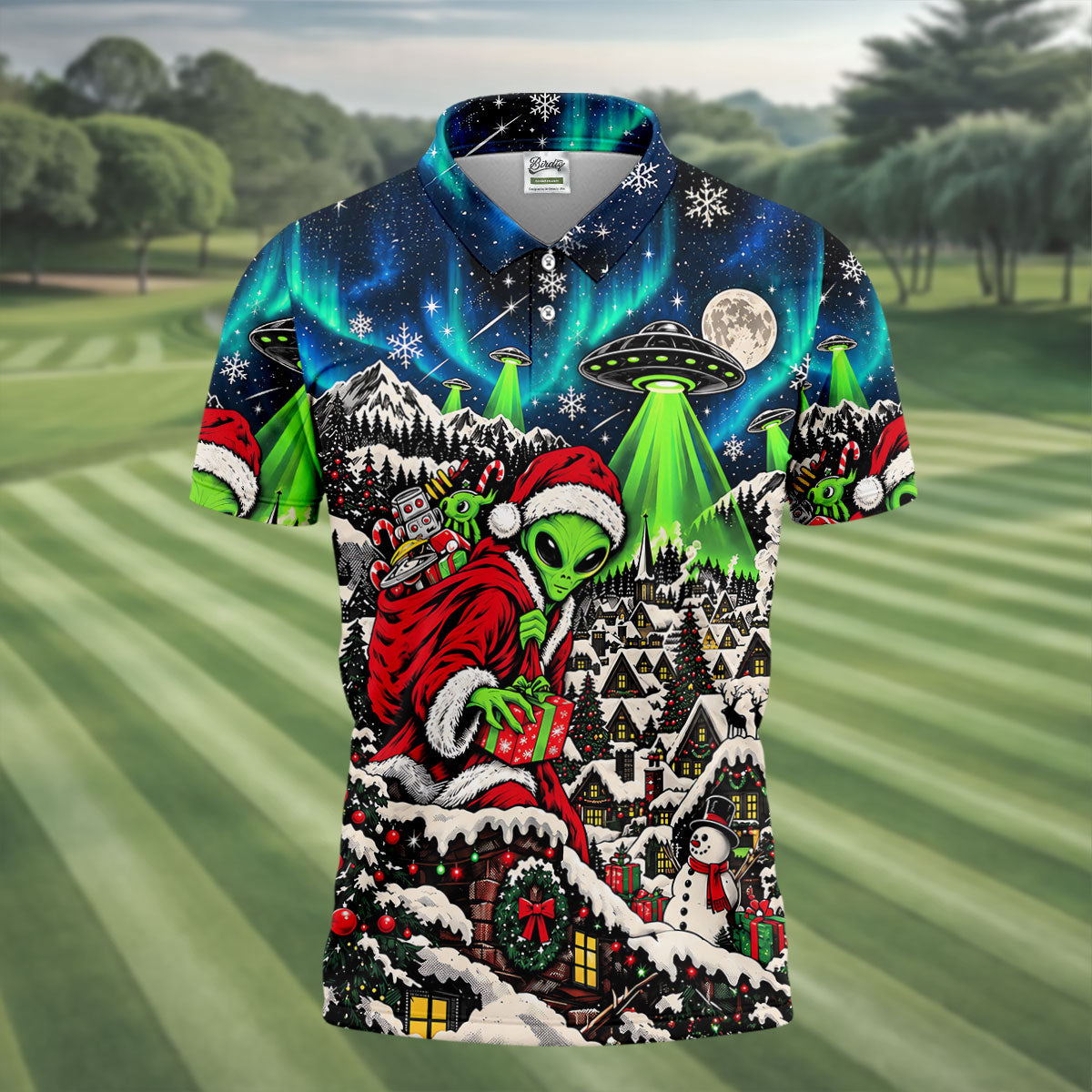 Alien Santa UFO Aurora Christmas Golf Shirt, Mens Golf Polo, Mens Holiday Golf Shirts