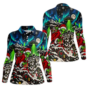 Alien Santa UFO Aurora Christmas Golf Shirt, Womens Golf Shirts, Womens Golf Clothing