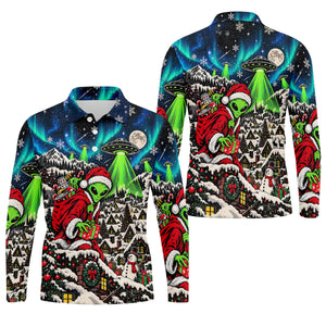 Alien Santa UFO Aurora Christmas Golf Shirt, Mens Golf Polo, Mens Holiday Golf Shirts
