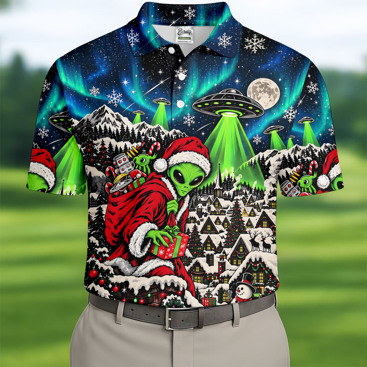Alien Santa UFO Aurora Christmas Golf Shirt, Mens Golf Polo, Mens Holiday Golf Shirts