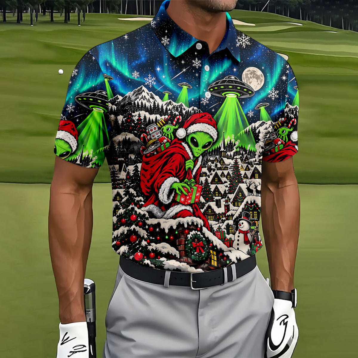 Alien Santa UFO Aurora Christmas Golf Shirt, Mens Golf Polo, Mens Holiday Golf Shirts