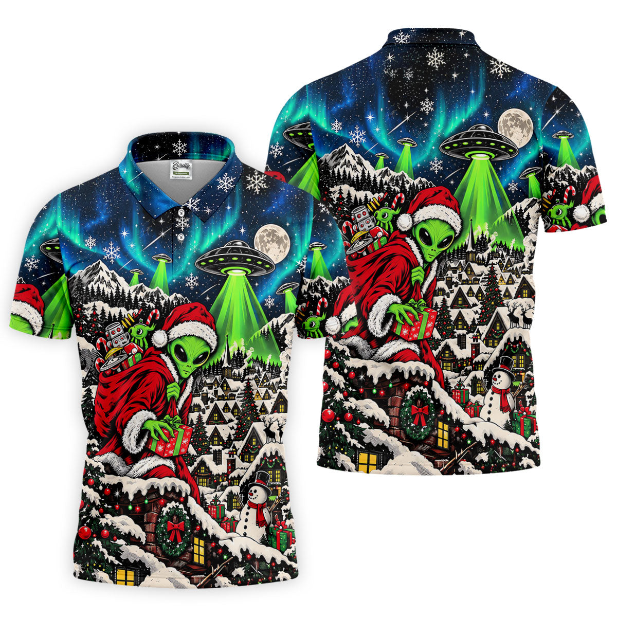 Alien Santa UFO Aurora Christmas Golf Shirt, Mens Golf Polo, Mens Holiday Golf Shirts