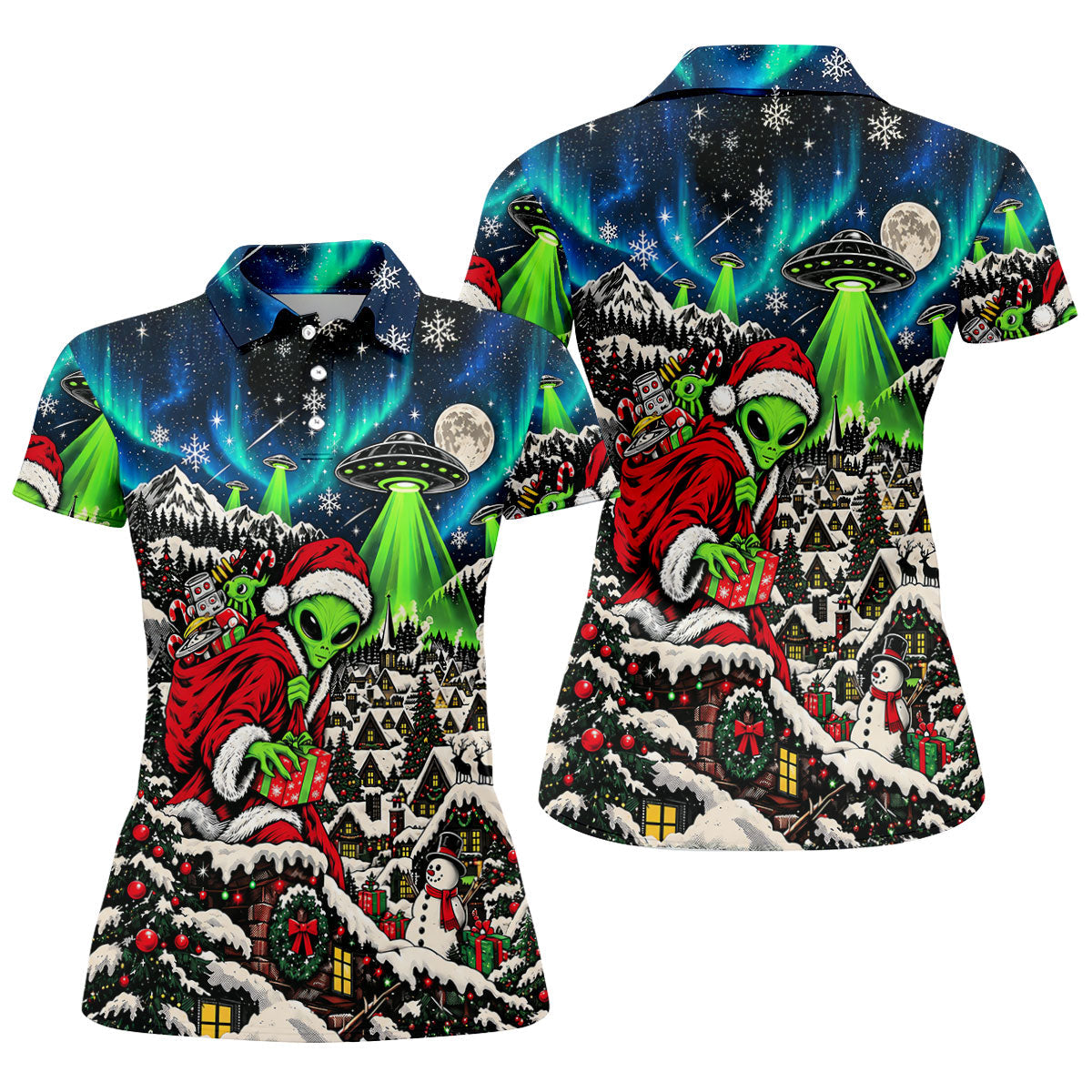 Alien Santa UFO Aurora Christmas Golf Shirt, Womens Golf Shirts, Womens Golf Clothing