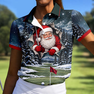Santa Peeking Golf Green Christmas Golf Shirt, Golf Gifts For Women, Womens Golf Tops