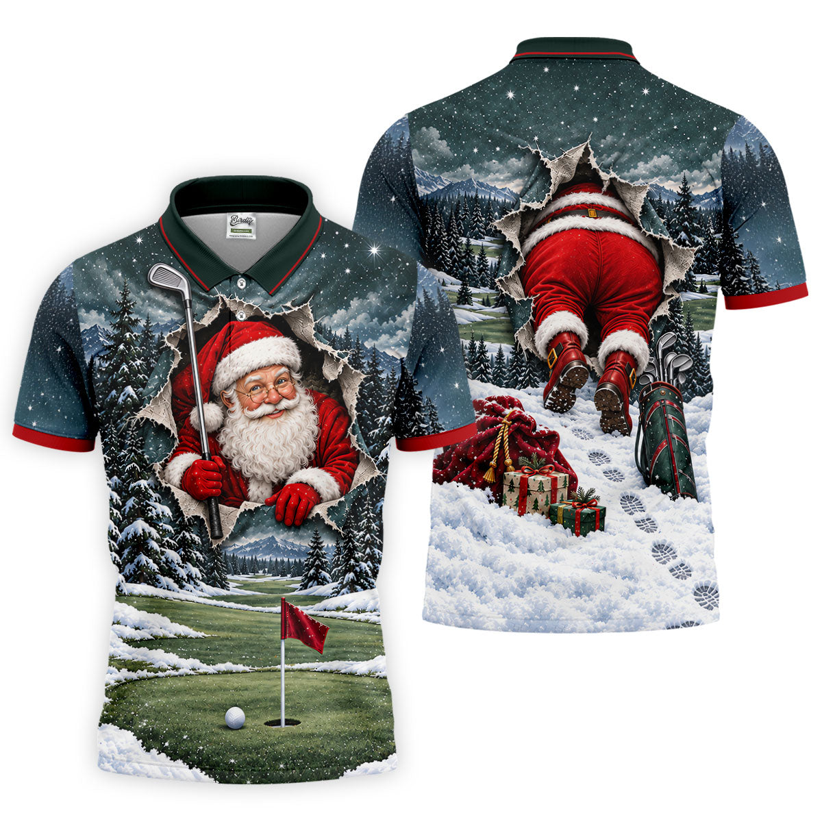 Santa Peeking Golf Green Christmas Golf Shirt, Golf Polo For Men, Mens Golf Polo