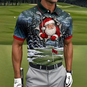 Santa Peeking Golf Green Christmas Golf Shirt, Golf Polo For Men, Mens Golf Polo