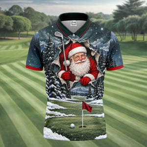 Santa Peeking Golf Green Christmas Golf Shirt, Golf Polo For Men, Mens Golf Polo
