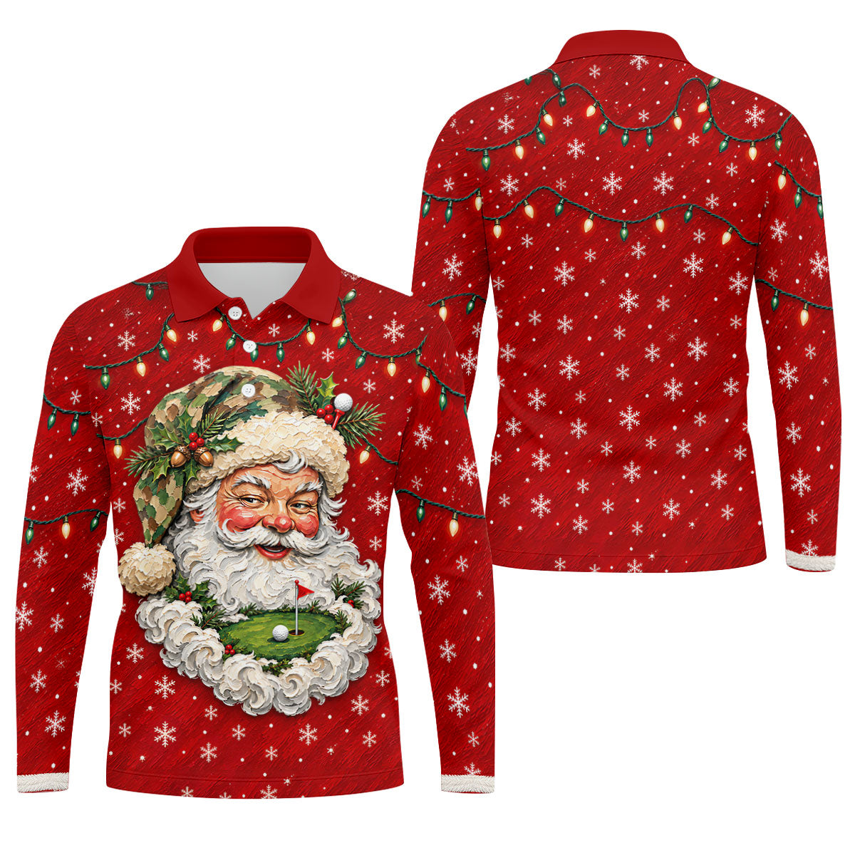 Camo Hat Santa Face Christmas Golf Shirt, Mens Holiday Golf Shirts, Mens Golf Apparel