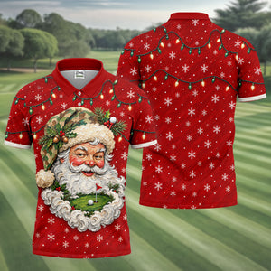 Camo Hat Santa Face Christmas Golf Shirt, Mens Holiday Golf Shirts, Mens Golf Apparel
