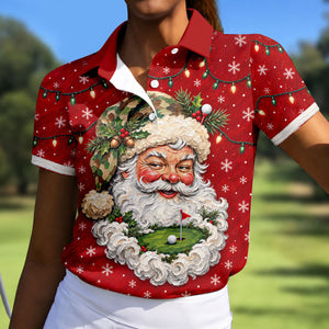 Camo Hat Santa Face Christmas Golf Shirt, Womens Golf Clothing, Golf Shirts For Women