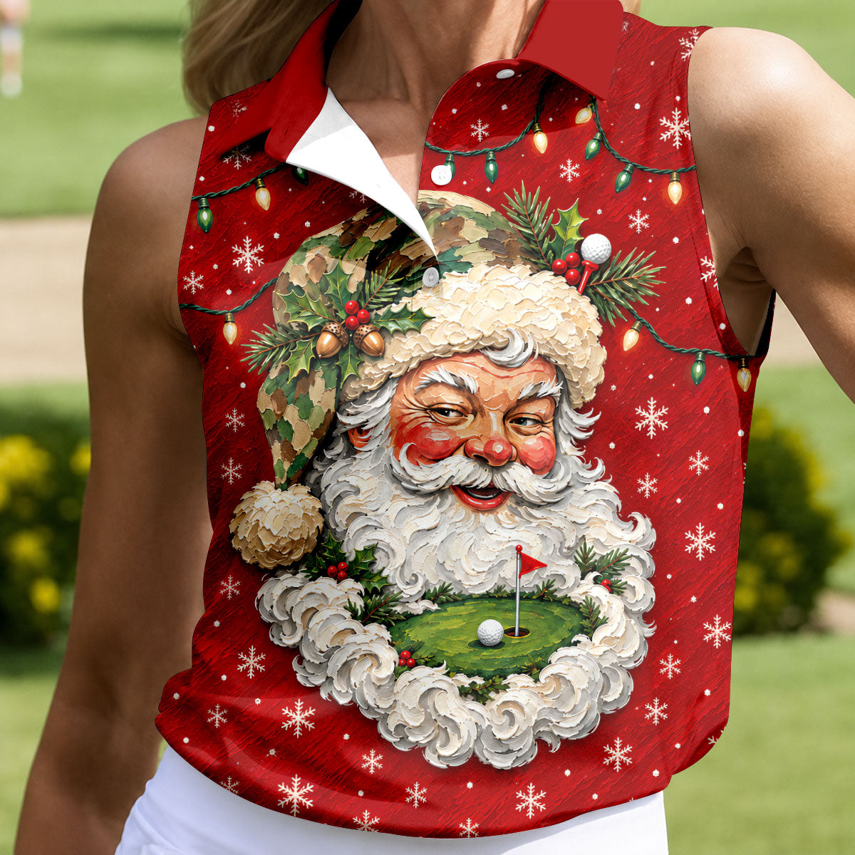 Camo Hat Santa Face Christmas Golf Shirt, Womens Golf Clothing, Golf Shirts For Women