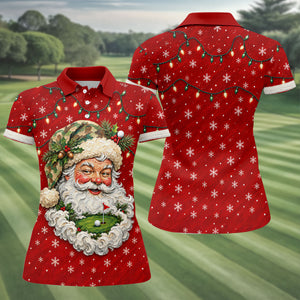 Camo Hat Santa Face Christmas Golf Shirt, Womens Golf Clothing, Golf Shirts For Women