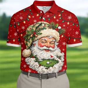 Camo Hat Santa Face Christmas Golf Shirt, Mens Holiday Golf Shirts, Mens Golf Apparel