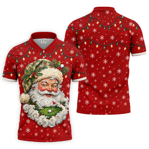Camo Hat Santa Face Christmas Golf Shirt, Mens Holiday Golf Shirts, Mens Golf Apparel