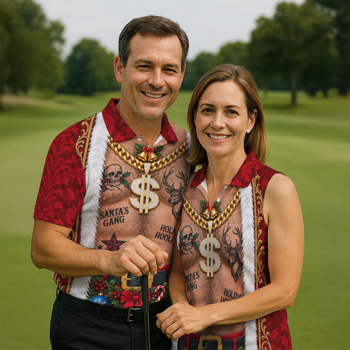 Santa's Gang Hairy Chest Christmas Golf Shirt, Mens Golf Apparel, Golf Gifts For Men