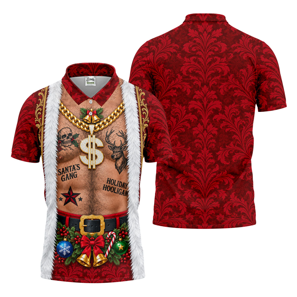 Santa's Gang Hairy Chest Christmas Golf Shirt, Mens Golf Apparel, Golf Gifts For Men