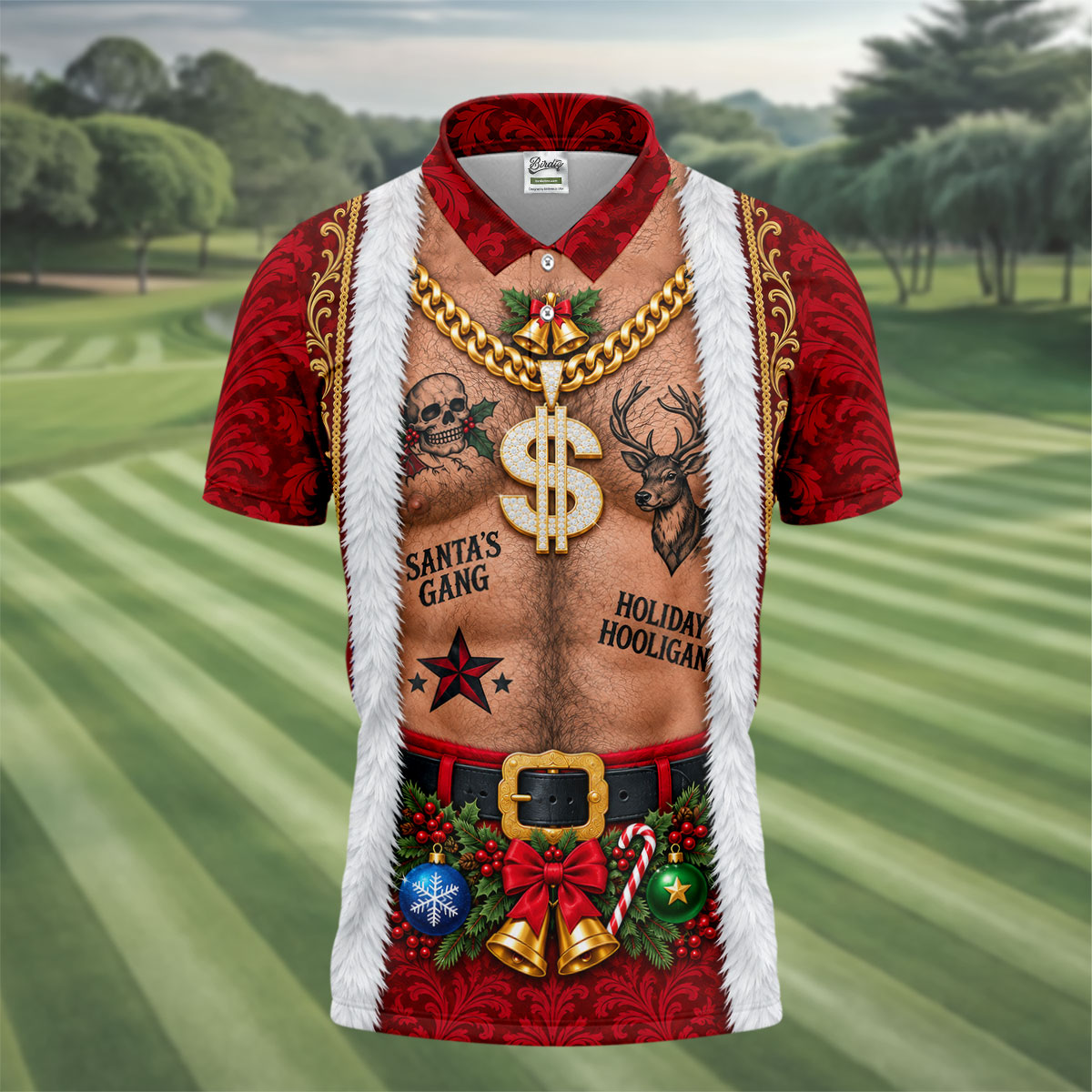 Santa's Gang Hairy Chest Christmas Golf Shirt, Mens Golf Apparel, Golf Gifts For Men