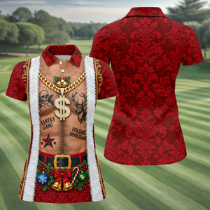 Santa's Gang Hairy Chest Christmas Golf Shirt, Womens Golf Tops, Ladies Golf Apparel