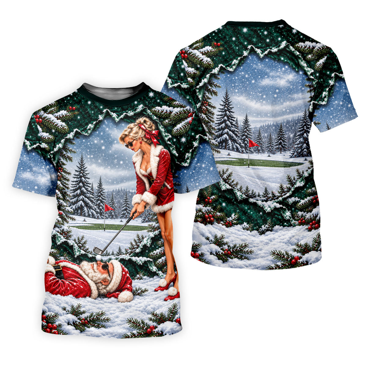 Pin Up Santa Girl Golfer Christmas Golf Shirt, Mens Golf Clothing, Mens Golf Shirts