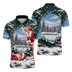 Pin Up Santa Girl Golfer Christmas Golf Shirt, Mens Golf Clothing, Mens Golf Shirts