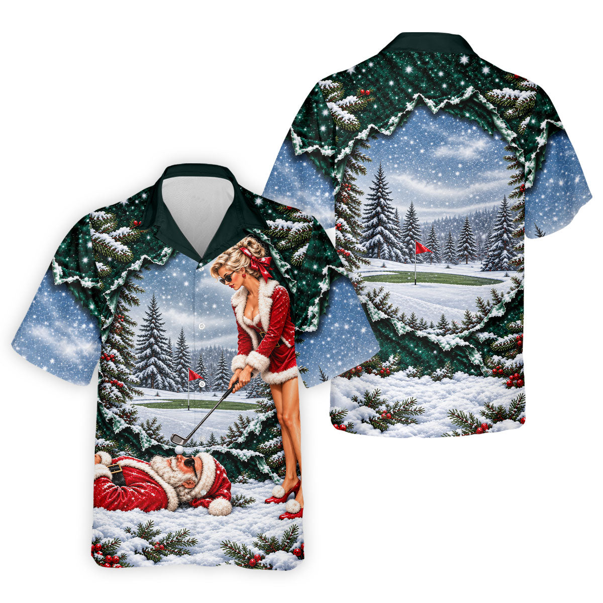 Pin Up Santa Girl Golfer Christmas Golf Shirt, Mens Golf Clothing, Mens Golf Shirts