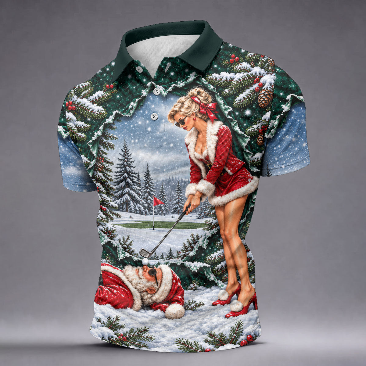 Pin Up Santa Girl Golfer Christmas Golf Shirt, Mens Golf Clothing, Mens Golf Shirts