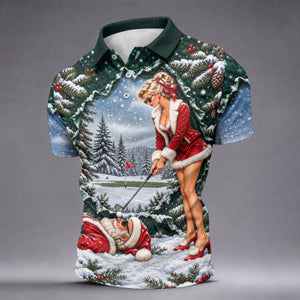 Pin Up Santa Girl Golfer Christmas Golf Shirt, Mens Golf Clothing, Mens Golf Shirts