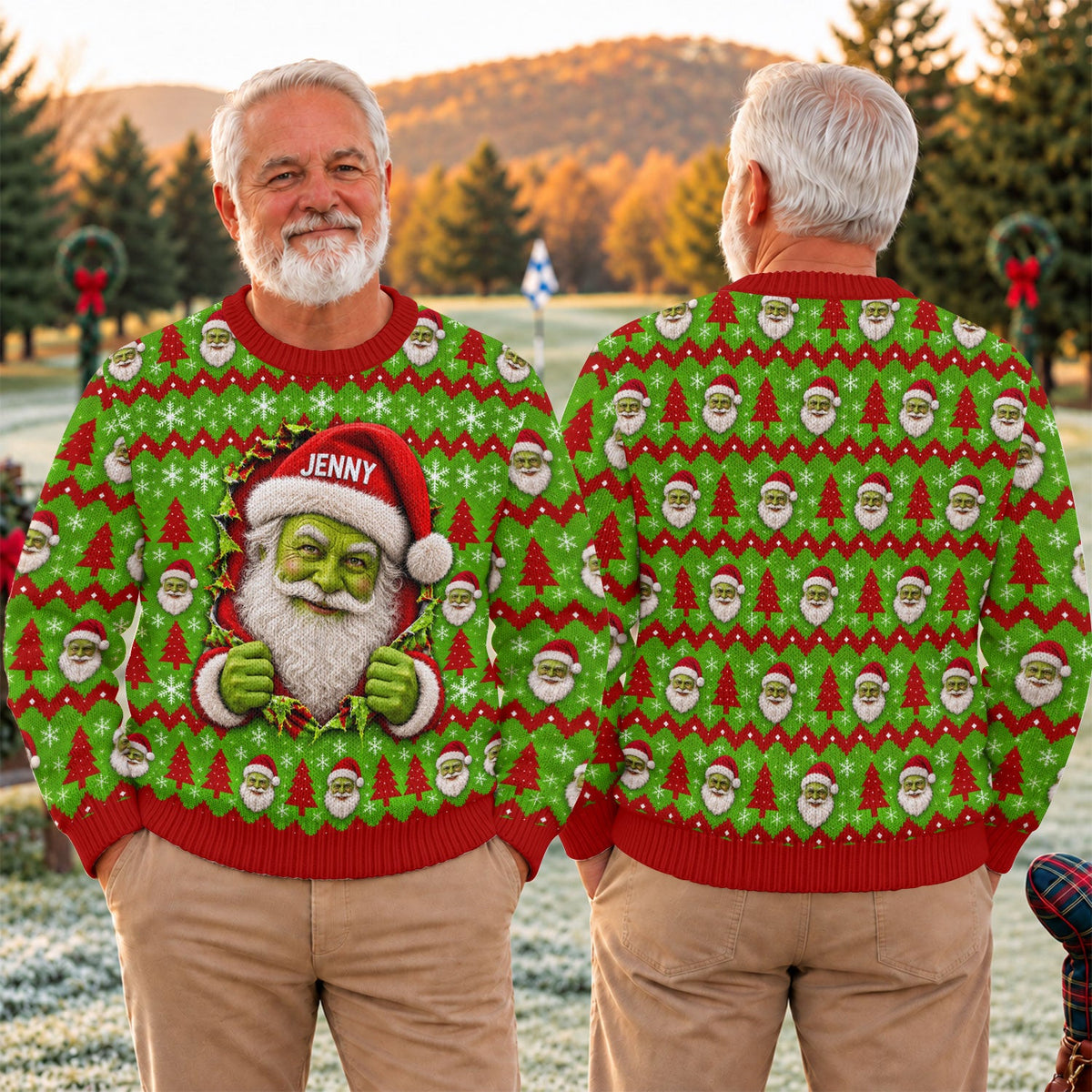 Custom Name Green Santa Ugly Christmas Sweater, Funny Xmas Gift, Christmas Gifts