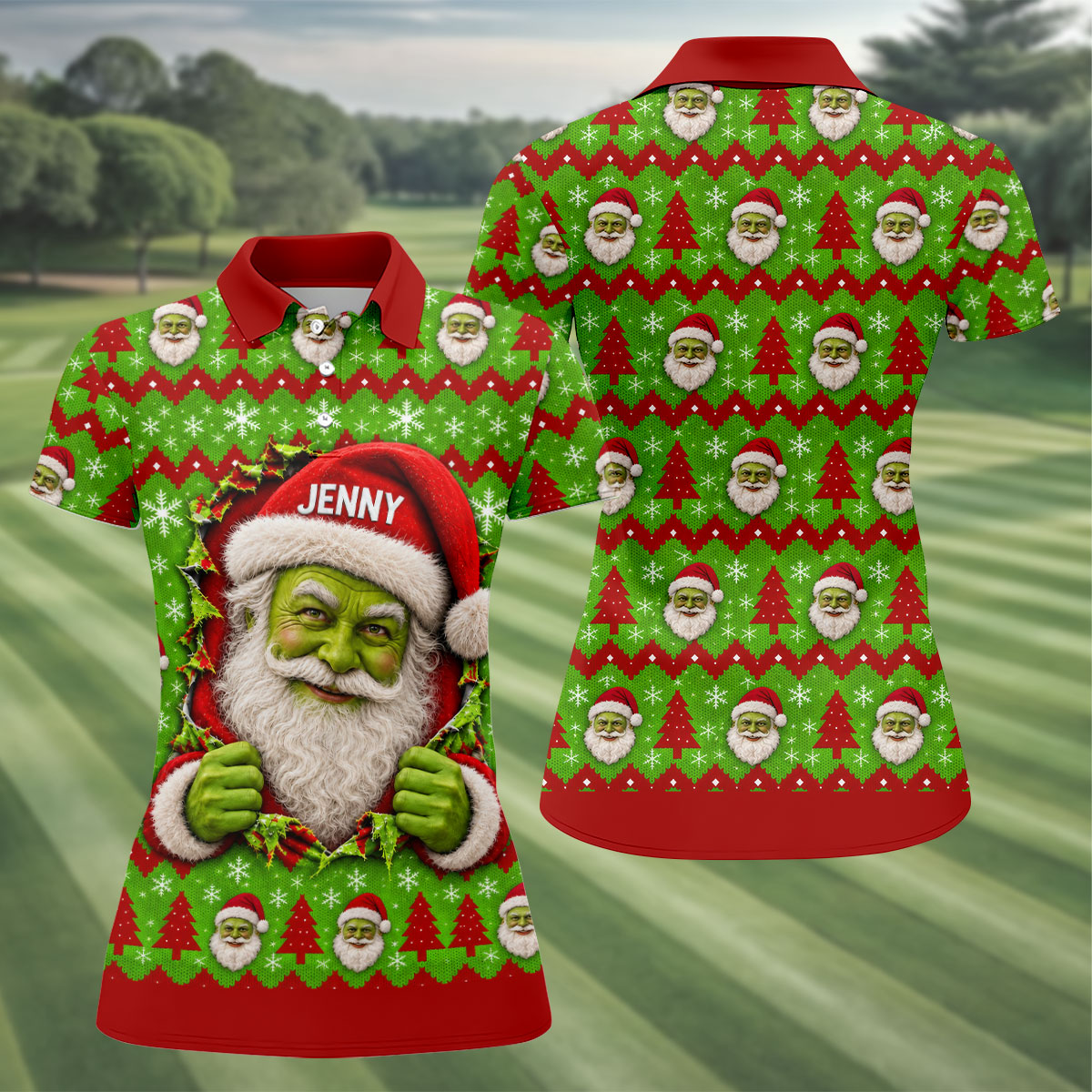Custom Name Green Santa Christmas Golf Shirt, Ladies Golf Shirts, Womens Golf Apparel