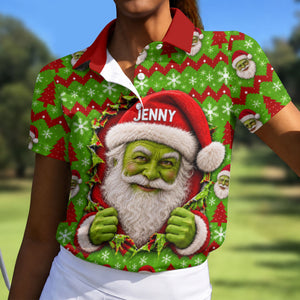 Custom Name Green Santa Christmas Golf Shirt, Ladies Golf Shirts, Womens Golf Apparel