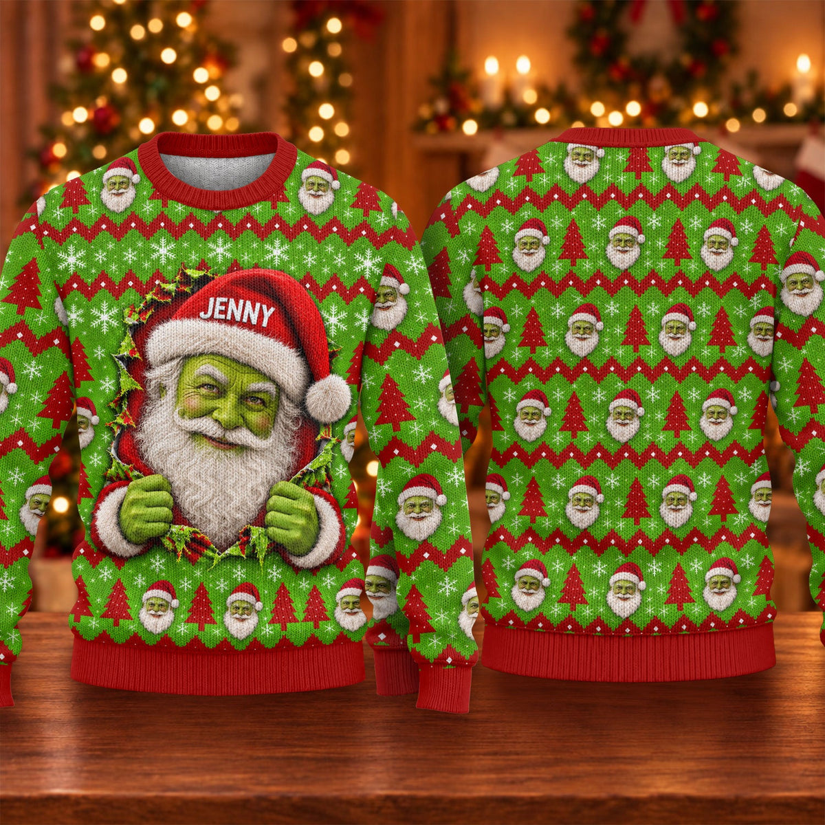 Custom Name Green Santa Ugly Christmas Sweater, Funny Xmas Gift, Christmas Gifts