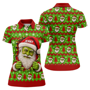 Custom Name Green Santa Christmas Golf Shirt, Ladies Golf Shirts, Womens Golf Apparel